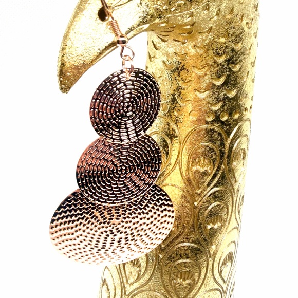 Jewelry - Rose Gold Textured Triple Disc Drop Earrings for Women